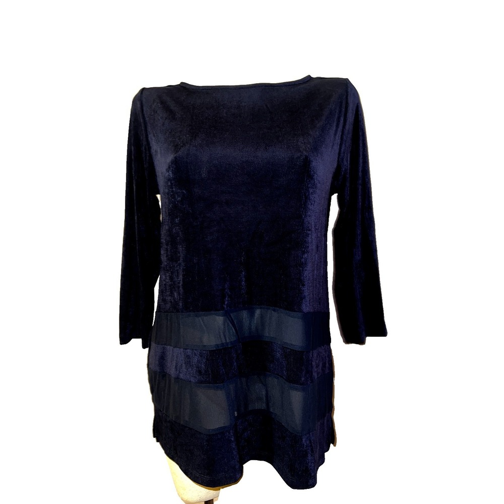 Chicos Travelers Navy Blue Slinky Mesh Stripe Tunic Top 3/4 Sleeve Sz (1) M 8/10
